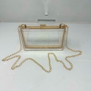 NWT! Linkidea • Women's Clear Acrylic Clutch • with 47” Gold Chain